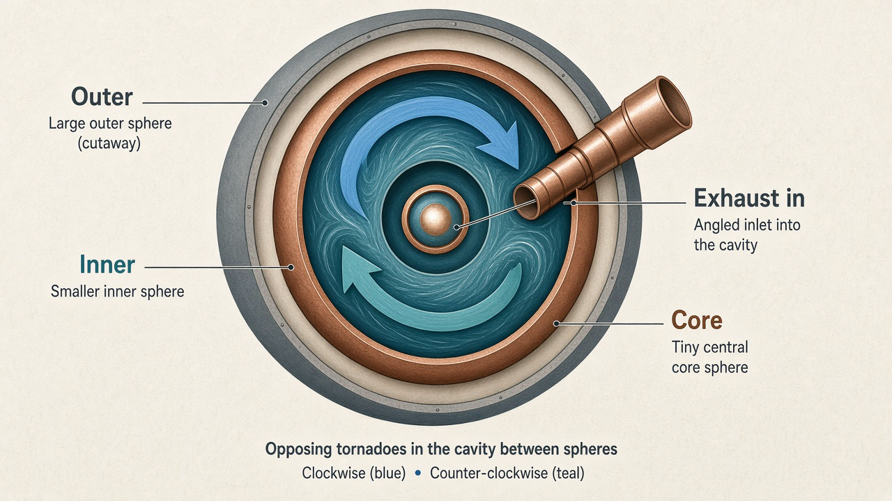 Cutaway teaching sketch of nested contra-rotating spheres: outer, inner, and tiny central core with opposing flow arrows and exhaust inlet