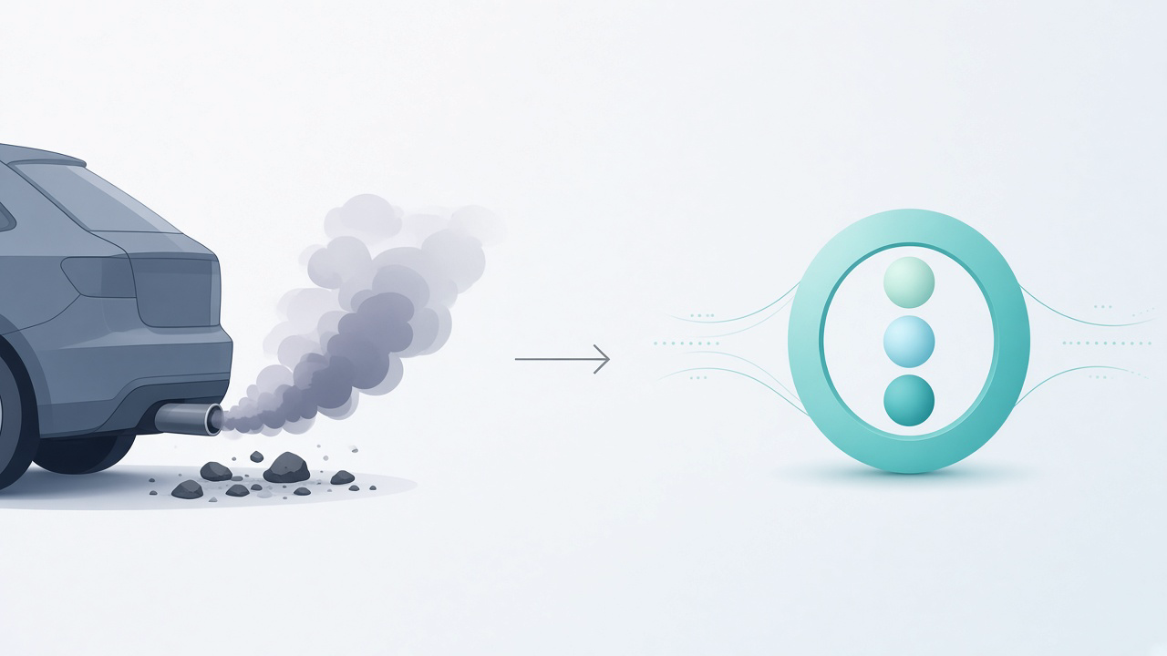 Side-by-side: ordinary engine exhaust and waste versus a cleaner, organized torus-style energy path